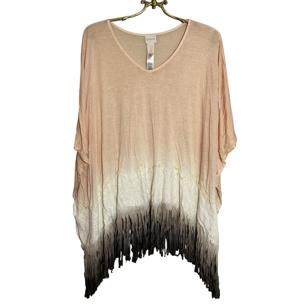 Chico's Ombre Fringe Tunic Top V-Neck Short Sleeve Peach Beige Black S M